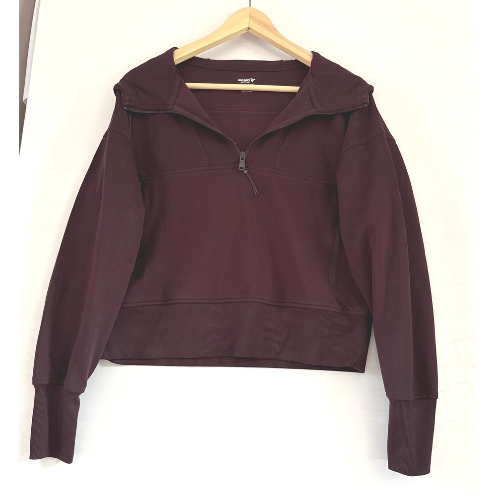 Old Navy Active Dynamic Fleece Half Zip Hoodie Maroon Burgundy Thumbhole Cropped